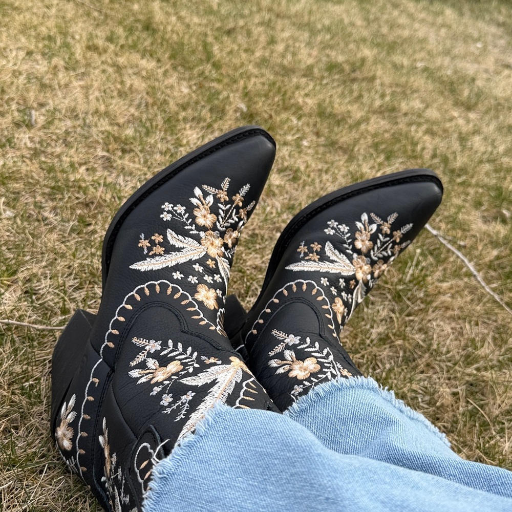 Embroidered Black Western Ankle Boots - Floral Detail
